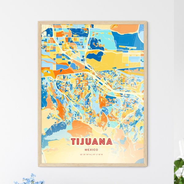 Colorful TIJUANA MEXICO Blue Orange Fine Art Print, Tijuana Mexico City Map, a perfect gift.