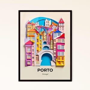 Vivid Porto, Portugal - Scherenschnitt einer Stadt mit Brücke – Fine Art Print, individualisierbar
