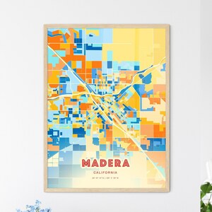 Carte artistique couleurs côtières de Madera en Californie, carte de la ville de Madera, États-Unis - Poster personnalisable, cadre ou aluminium dibond