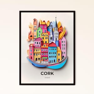 Vivid Cork, Irland - Scherenschnitt von einer Stadt mit Boot – Fine Art Print, personalisierbar