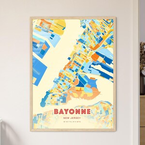 Mapa artístico de colores costeros de Bayona, Nueva Jersey. Póster creativo de ciudad natal de Bayona, EE. UU., en dos tonos. También disponible como descarga digital.
