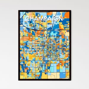 Poster con mappa artistica di Champaign, Illinois: vivace e colorata decorazione da parete, perfetto regalo personalizzabile per qualsiasi spazio!
