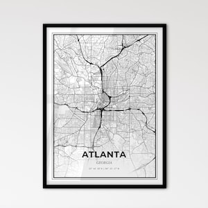 Atlanta Georgia - Stadtplan im Skandinavischen Stil für ein modernes Wohndekor - schwarz weiß Poster