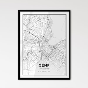 Genève Suisse - Plan de la ville de style scandinave pour une décoration intérieure moderne - Poster en noir et blanc