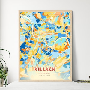 Carte artistique couleurs côtières de Villach Autriche, carte de la ville de Villach Österreich - impression poster personnalisable ou téléchargement numérique