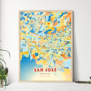 Mapa de arte com cores costeiras de San José, Costa Rica, mapa da cidade de San José, Costa Rica - pôster personalizável, impressão ou download digital