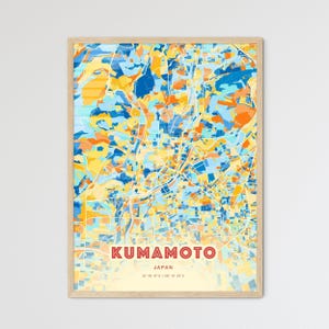 Carte artistique couleurs côtières du Japon, Kumamoto, carte de la ville de Kumamoto, Japon - affiche personnalisable ou téléchargement numérique