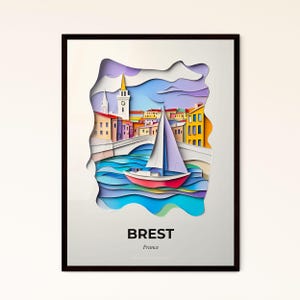 Lebendiges Brest, Frankreich - Scherenschnitt eines Bootes im Hafen – Fine Art Print, individualisierbar