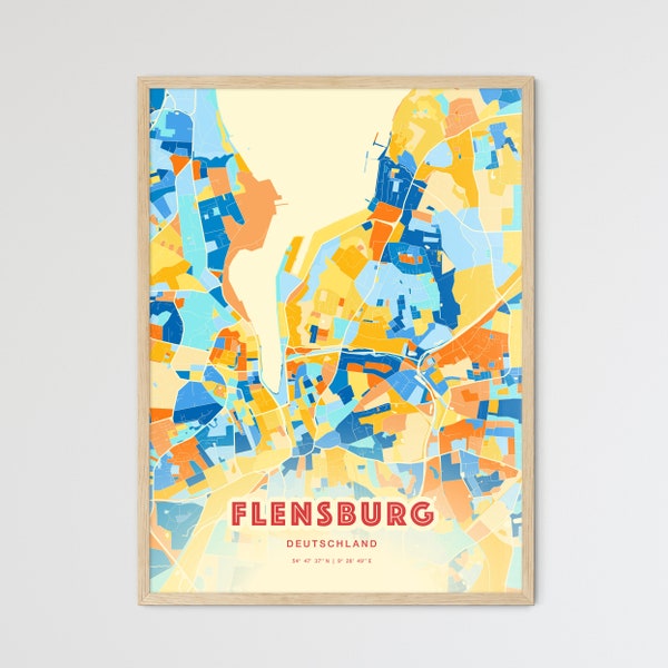 Bunter FLENSBURG Blau Orange Fine Art Print, Flensburg Deutschland Stadtplan, ein perfektes Geschenk.