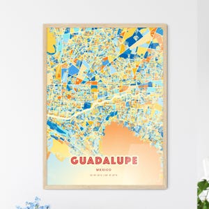 Mapa artístico de colores costeros de Guadalupe, México. Mapa de la Ciudad de Guadalupe, México: impresión de póster personalizable, enmarcada o en dibond de aluminio.