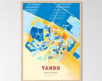 Colorful YANBU SAUDI ARABIA Blue Orange Fine Art Print, Yanbu Saudi Arabia City Map, a perfect gift.