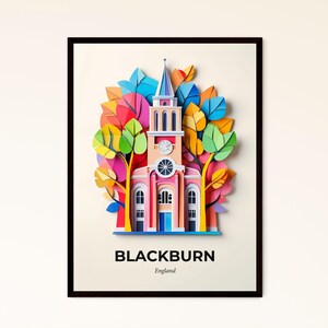 Lebendiges Blackburn, England - ein farbenfroher Scherenschnitt einer Kirche mit einer Uhr – Fine Art Print, personalisierbar