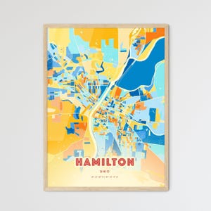Carte artistique couleurs côtières de Hamilton, Ohio, carte de Hamilton, États-Unis, affiche personnalisable, cadre ou aluminium dibond