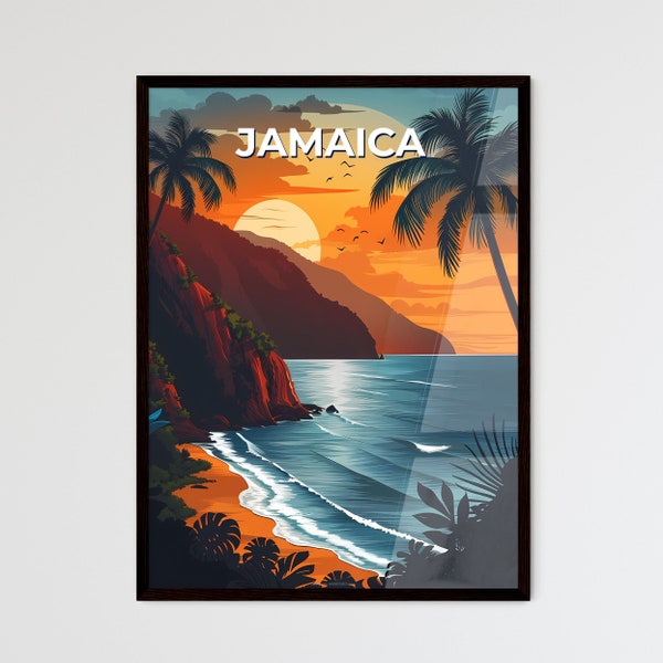 Jamaican Beach Sunset: Vibrant Painted Landscape with Palm Trees, North America - A vibrant travel print.