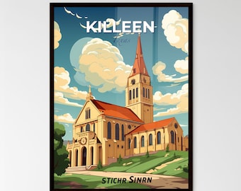 Killeen, Texas, A Poster of a church with a steeple and trees. Customisable travel art print, a memorable gift.