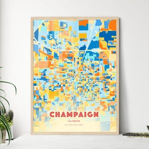Carte artistique des couleurs côtières de l'Illinois, Champaign, États-Unis, affiche créative bicolore de la ville natale de Champaign, également en téléchargement numérique
