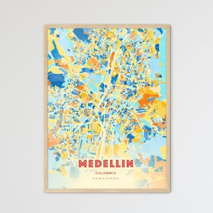 Mapa de arte com cores costeiras de Medellín, Colômbia, mapa da cidade de Medellín, Colômbia - pôster personalizável, impressão ou download digital