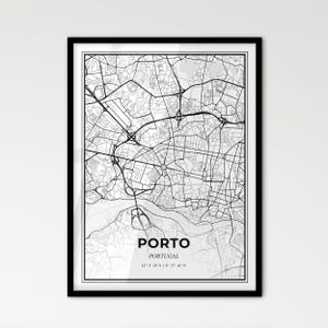 Porto Portugal - Plan de la ville de style scandinave pour une décoration intérieure moderne - Poster en noir et blanc