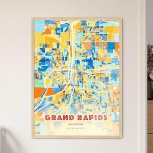 Mapa artístico de la costa de Grand Rapids, Michigan, con colores, mapa de la ciudad de Grand Rapids, EE. UU. - Impresión de póster personalizable, enmarcada o en dibond de aluminio