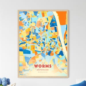 Carte artistique de couleurs côtières de Worms Allemagne, carte de la ville de Worms Deutschland - impression poster personnalisable ou téléchargement numérique