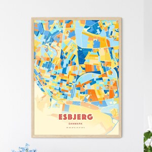 Esbjerg Denmark Coastal Colors Art Map Esbjerg Danmark Map - Stadtplan - Individueller Poster-Druck oder digitaler Download