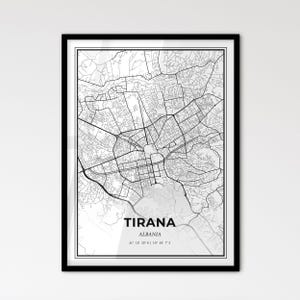Tirana, Albania - Mapa de la ciudad de estilo escandinavo para decoración moderna del hogar - Póster en blanco y negro