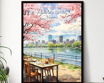 Alexandria, Virginia, A Poster of a watercolor of a park with a table and chairs and a lake