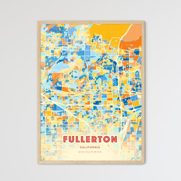 Colorful FULLERTON CALIFORNIA Blue Orange Fine Art Print, Fullerton Usa City Map, a perfect gift.
