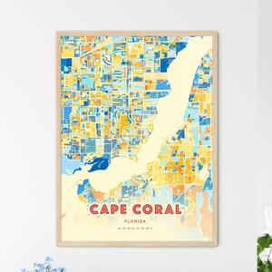 Mappa artistica dei colori costieri di Cape Coral, Florida, mappa della città di Cape Coral, Stati Uniti - Stampa poster personalizzabile o download digitale