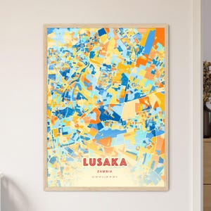 Lusaka Zambia Coastal Colors Art Map, Lusaka Zambia City Map - Customizable Poster Print, Framed or Aluminum dibond