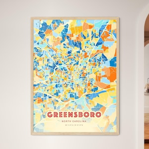 Greensboro North Carolina Küstenfarben Kunstkarte, Greensboro USA Stadt Karte - Personalisierter Posterdruck, gerahmt oder Aluminium-Dibond