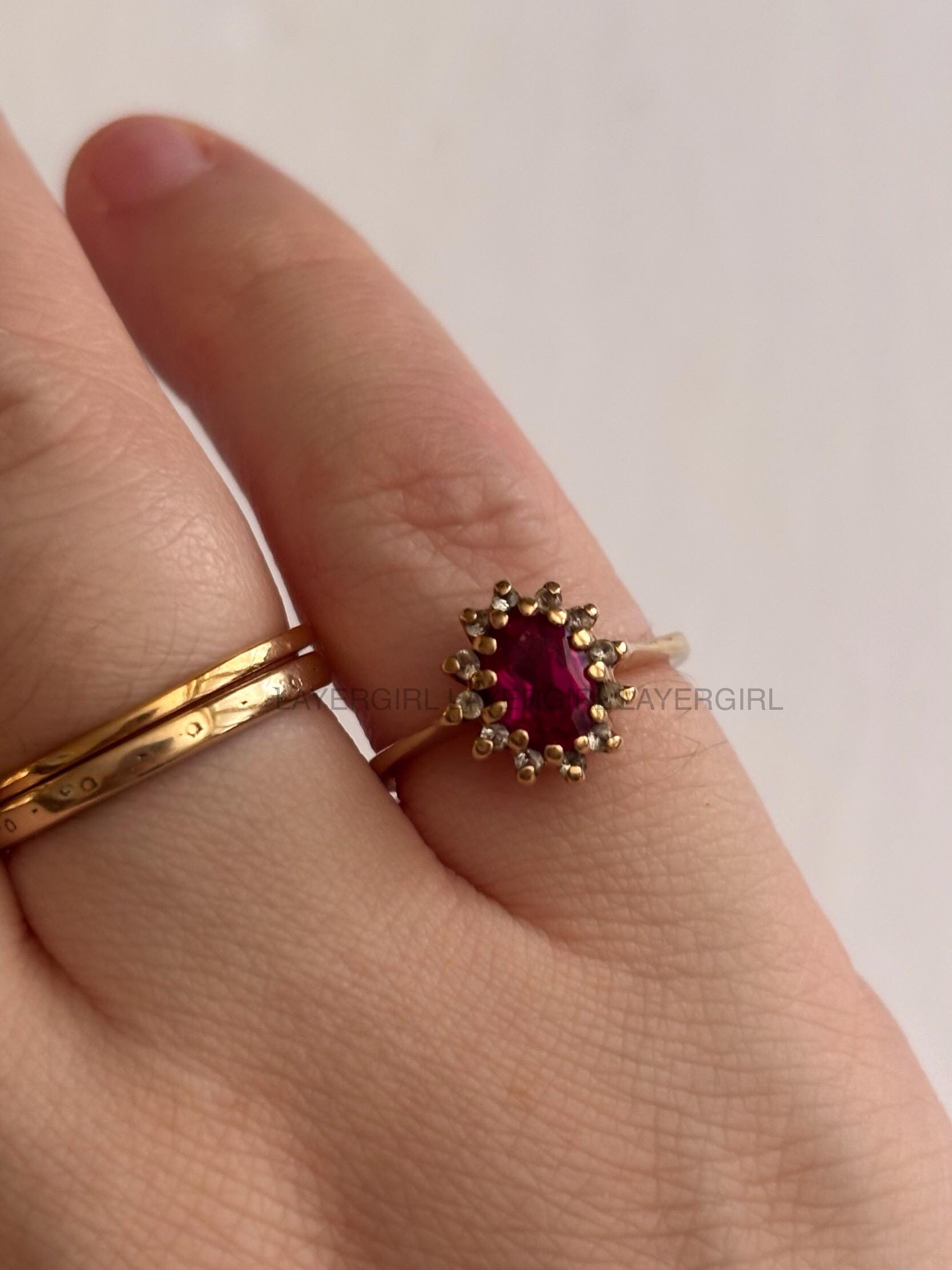 Vintage, 14K Yellow Gold Ring Synthetic Ruby Stone and Clear Stones- July Ruby Birthstone - Size US 4.5