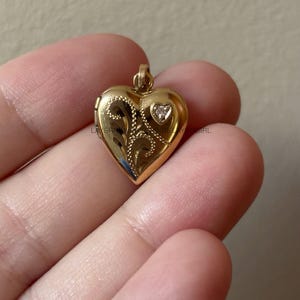 Vintage, 10K Yellow Gold Puffy Heart Locket Pendant/Charm with Engraved Details and Tiny Diamond - Estate Solid Gold Heart Charm/Pendant