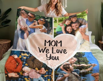 Mom Blanket We Love You - Personalized Photo Blanket, Custom Mother's Day Gift, Cozy Fleece Throw Family Pictures, Customized Photo Quilt