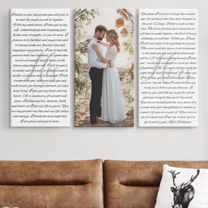 May include: A wedding vow print set with a photo of a couple in white clothing. The vows are written in a cursive font and are printed on a white background. The vows are about love, commitment, and support. The photo is of the couple standing on a beach with a palm tree in the background.