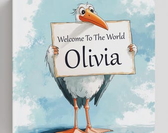 May include: A cartoon stork holding a sign that says "Welcome to the World Olivia" on a blue background with white clouds.