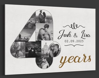 May include: A black and white photo collage in the shape of the number four, featuring a couple in various poses. The text "Josh & Lisa 02.09.2025" is written in black cursive script above the number four, and the text "years" is written in gold cursive script below the number four.