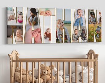 May include: A white canvas print with the name "NATHAN" spelled out in large letters. Each letter is filled with a different photo of a baby or young child. The photos are in various poses and settings.