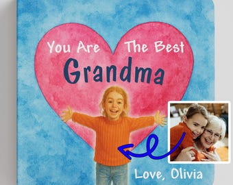 May include: A blue and pink heart with the text "You Are The Best Grandma" in white and blue. A girl with red hair is standing in front of the heart with her arms outstretched. A photo of a girl hugging an older woman is in the bottom right corner with the text "Love, Olivia" below it.