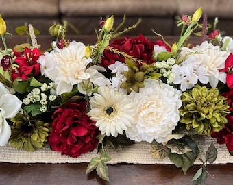 Guirlande rouge et ivoire de 3 pi ou 4 pi, coureur de faux fleurs de luxe, guirlande printemps-été, guirlande de mariage, guirlande de fausses fleurs, guirlande de fausses fleurs