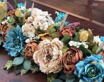 Guirlande crème et turquoise de 90 cm ou 120 cm, guirlande de pivoines et dahlias artificiels, guirlande d'été, guirlande de cheminée, chemin de table floral artificiel