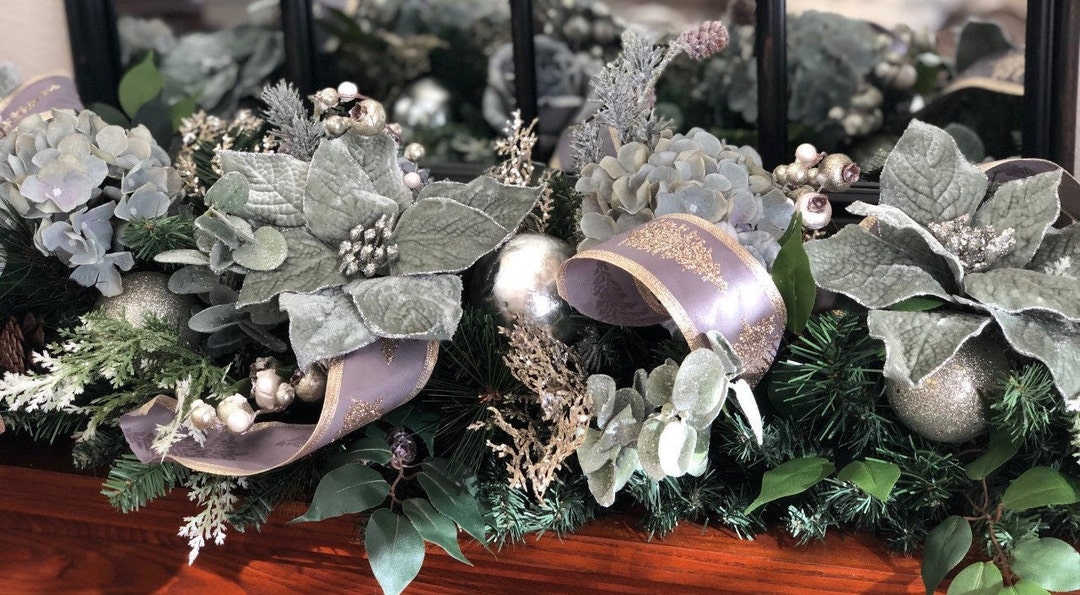 Christmas Garland, Gray Floral Garland, Elegant Christmas Garland, Christmas Centerpiece, Mantel
