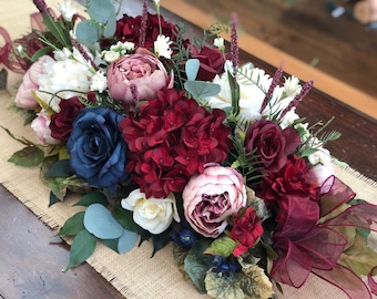Guirlande de fleurs bleu marine ivoire blush bordeaux de 60 cm, tapis de passage floral Luxe Faux, centre de table bordeaux, guirlande de fleurs, guirlande de fleurs, guirlande de fleurs