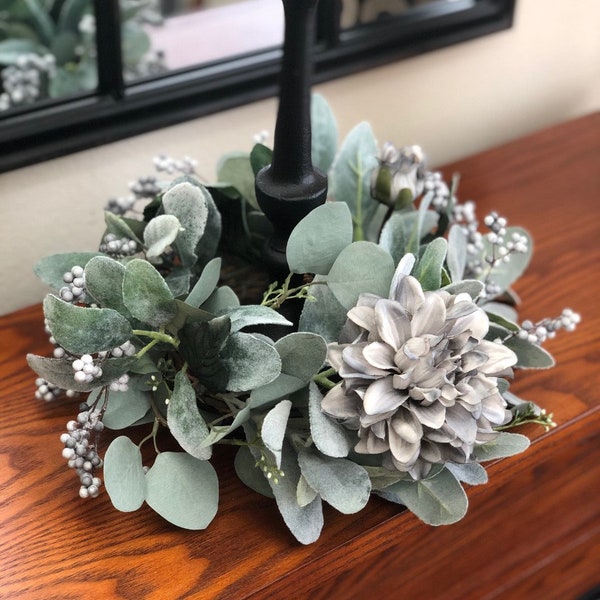 Lambs ear Eucalyptus dahlia candle ring, Everyday candle ring, gray dahlia candle ring