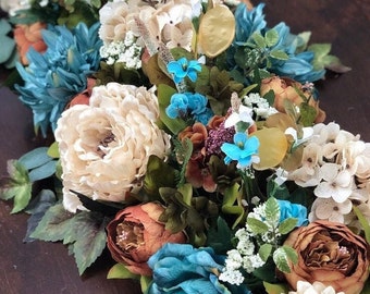 2 pieds de guirlande crème et turquoise, guirlande de fausses pivoines et dahlias, guirlande d'été, guirlande de cheminée, coureur de fleurs, guirlande de fleurs