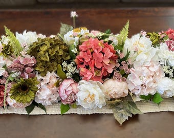 Faux Hydrangea and Peony Garland, Floral Table Runner, Spring Summer Decor (5, 6 or 7 ft)