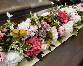 Guirlande de fleurs artificielles, chemin de table hortensias et pivoines, composition printemps-été (3 pieds ou 4 pieds)