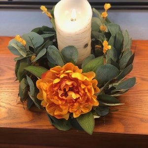 More Colors Available!  Fall Gold peony eucalyptus candle, Fall candle wreath, Mini fall wreath, Autumn candle ring
