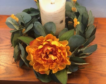 More Colors Available!  Fall Gold peony eucalyptus candle, Fall candle wreath, Mini fall wreath, Autumn candle ring