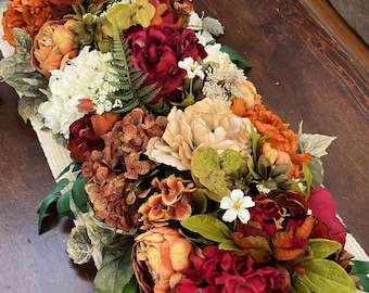 Tuscan Floral garland, Lush Silk Flowers, Rust Cream Brown florals, 2' length